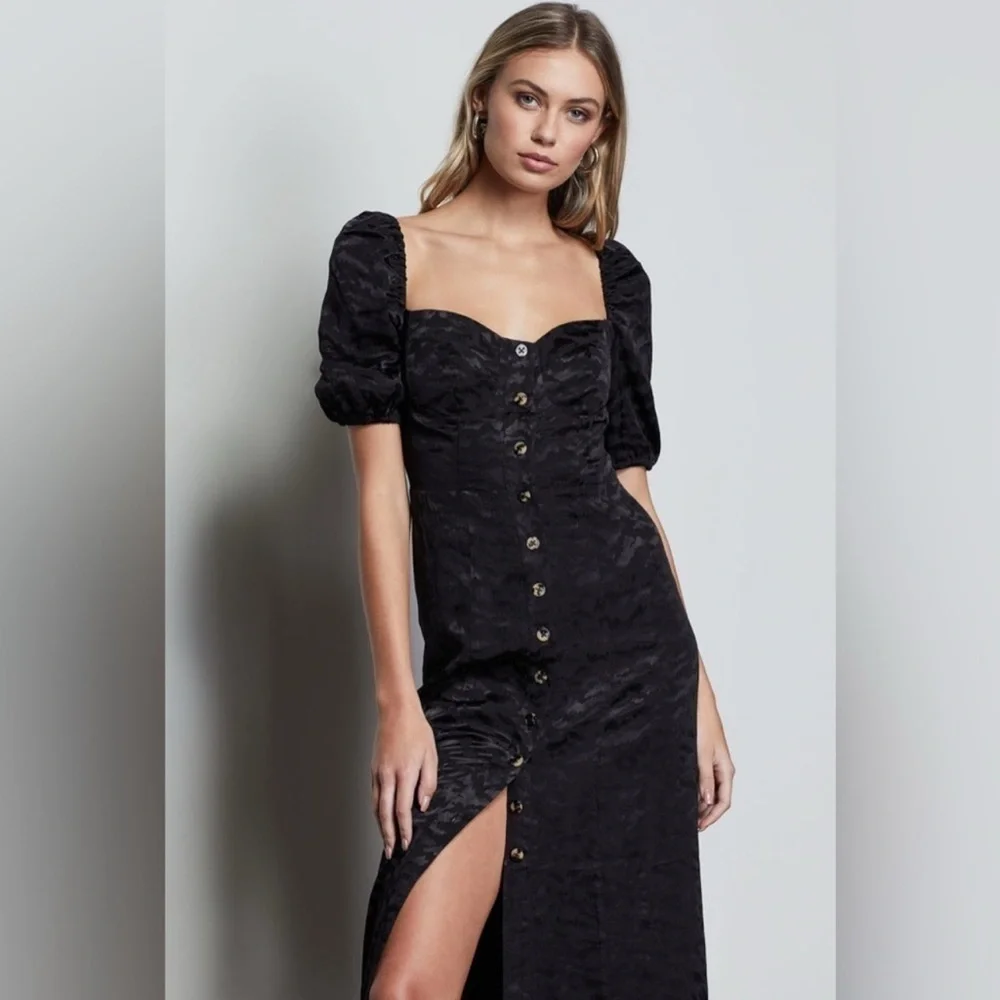 Good American Black Animal Print Button Front Puff Sleeve Corset Maxi Dress M